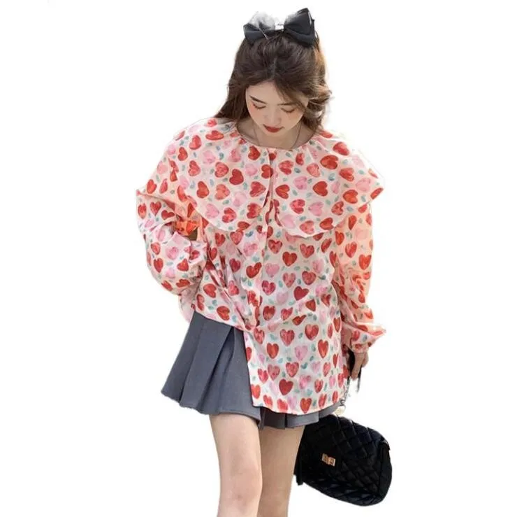 

Autumn Peter Pan Collar heart printed Shirts Women Cute Korean Vintage Students Pure Girls Harajuku Female Fashion Chic Tops