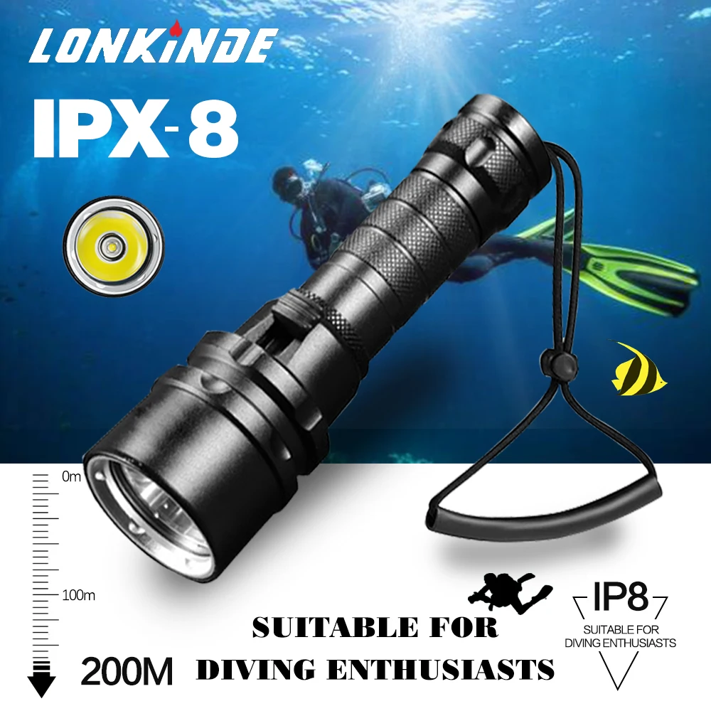 Super bright Diving Flashlight IPX8 highest waterproof rating Professional diving light Powered by 18650 battery With hand rope