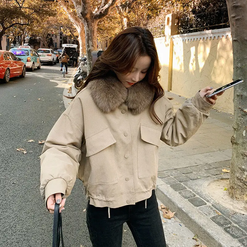 2023 Winter New Women Cropped Coat Female Warm Jacket Fashion Leisure Thick Loose Solid Casual Sweet Detachable Collar All-Match
