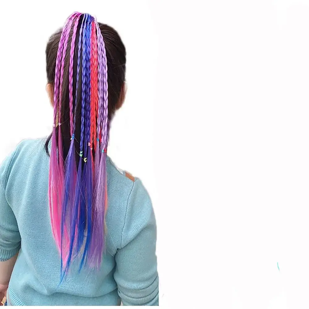 Colorful Braids Hair Extensions With Hair Clips Rainbow Braided Ponytail Hairpieces Hair Accessories For Kids Girls