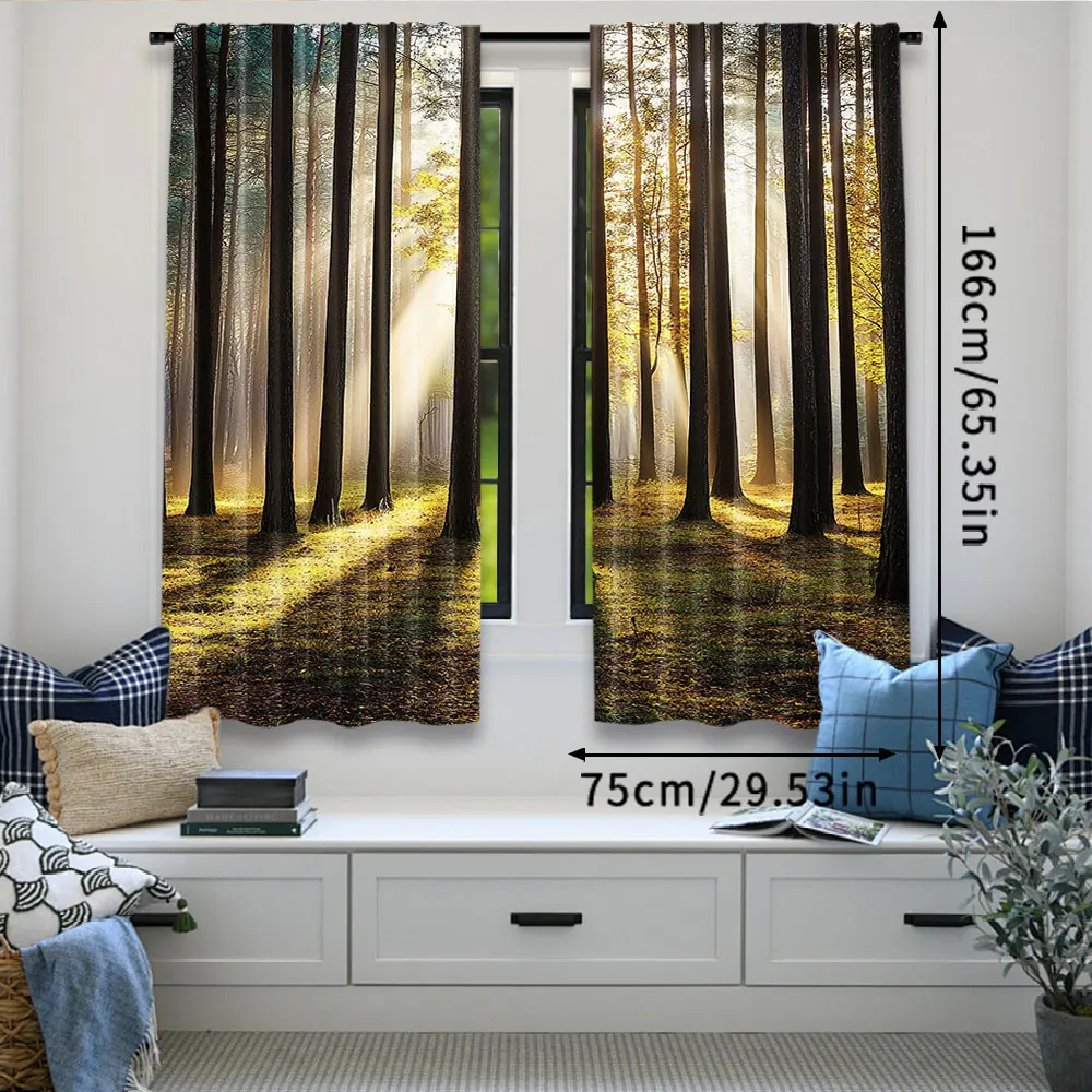 2Pcs Forest Curtains Landscape Sunrise In The Forest Leaves In Seasonal Woodland Scenery Photo For Bedroom Bathroom Living Room