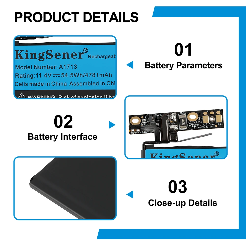 KingSener A1713 노트북 배터리 Apple MacBook Pro 13 "A1708 2016 2017 EMC 2978 3164 020-00946 MLL42LL 배터리 AKKU 4781mAh