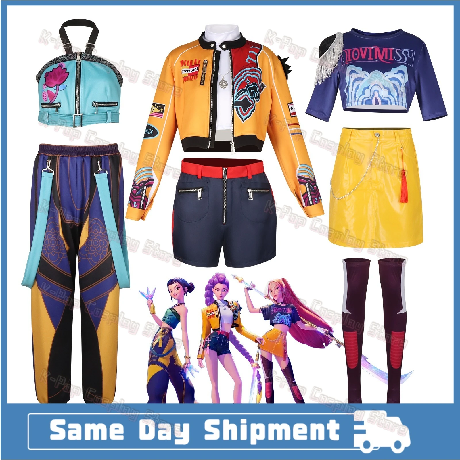 

Adult Kids Rumi Demons Hunter of KPop Cosplay Yellow Fantasia Costume Wigs Set Women Girls Group Hoodies Children Halloween Suit