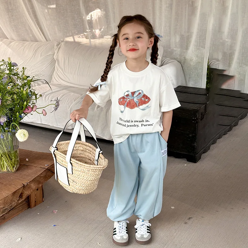 Children Clothing Kids Casual Cartoon Print Cute Pattern T-shirt 2024 Summer Girls Korean Style Bow Short Sleeve Casual T Shirt