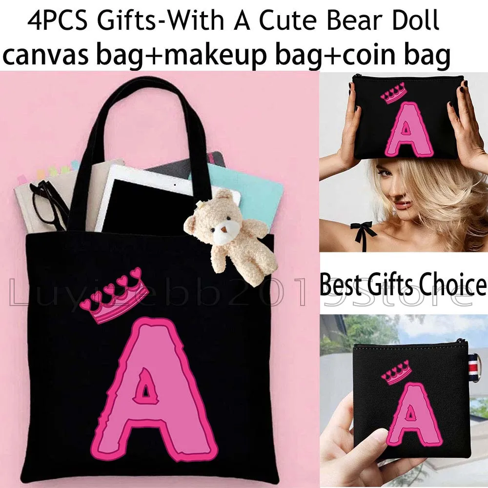 4PCS Cute Gift Hot Pink Crown Initial Letter Alphabet Canvas Tote Bag Cotton Handbag,Cosmetic Makeup Bag,Coin Purse Wallet Pouch