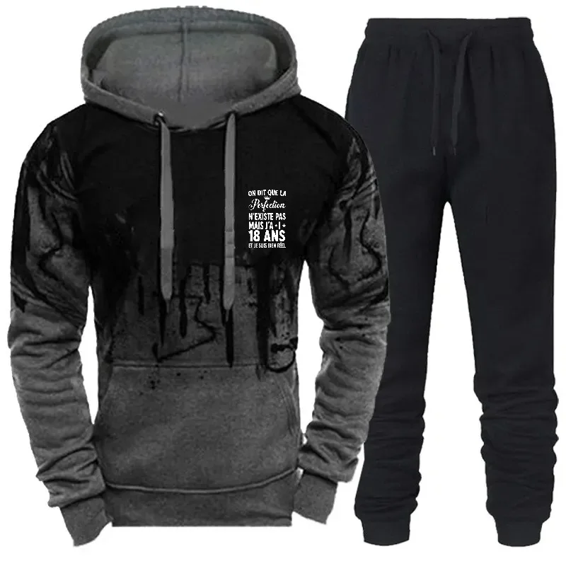 سويت شيرت رجالي بقلنسوة أسود ورمادي مطبوع عليه نص ملابس الشارع الشهير طقم ركض للارتداء اليومي والملابس الرياضية