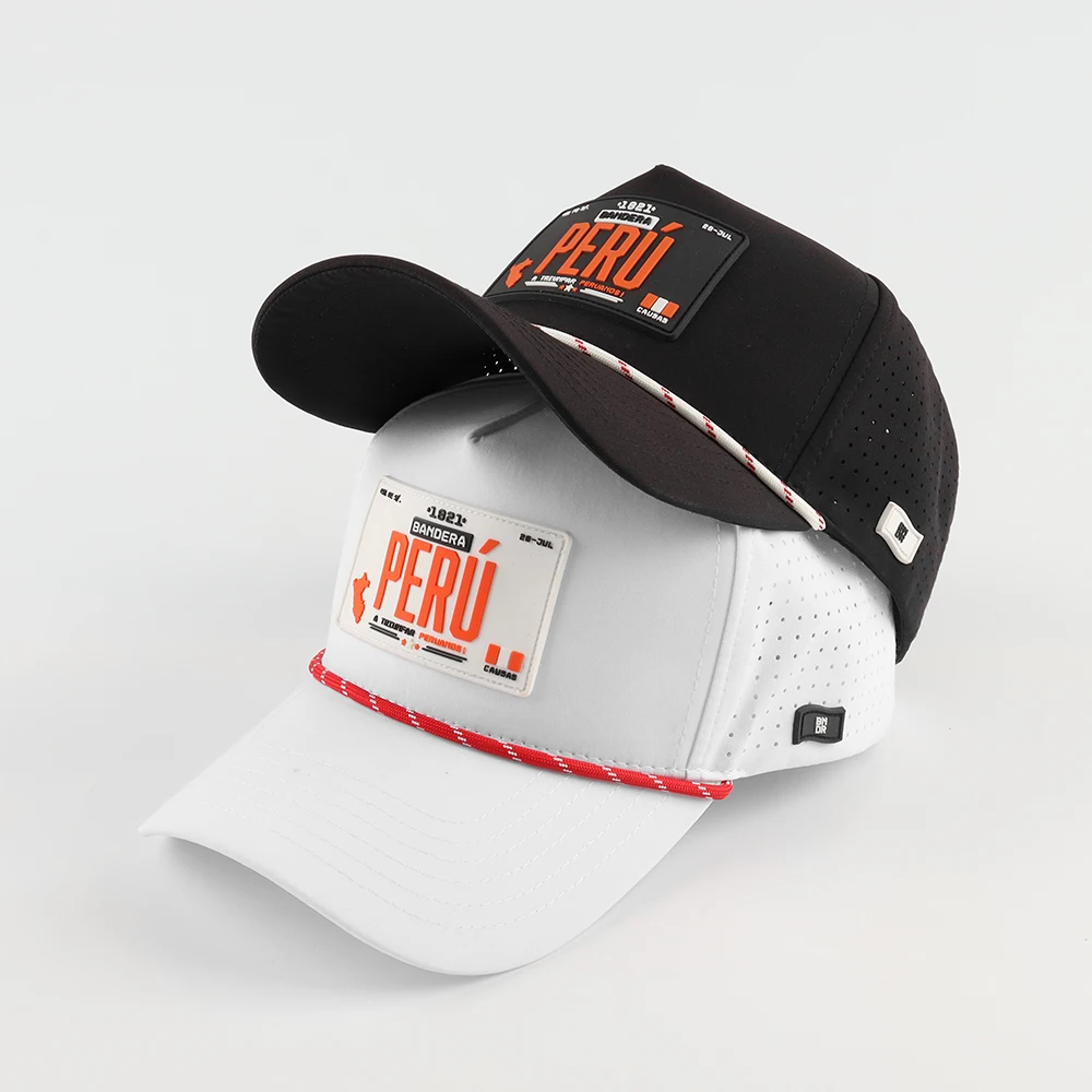 OEM Custom High Quality Men Women White Laser Cut Hole Perforated Dad Hat,5 Panel Curved Brim Woven Patch Logo Rope Baseball Cap