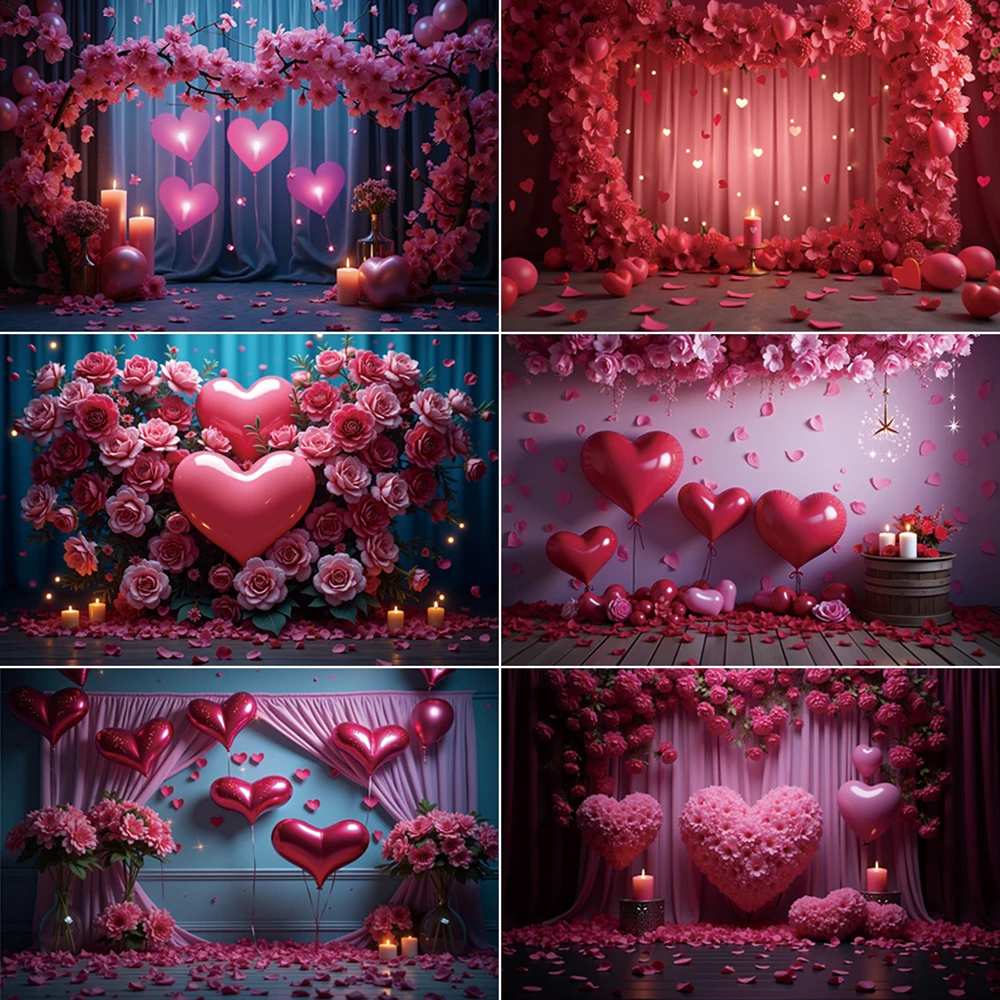 

MOON.QG Valentines Pink Curtain Backdrop Photography Red Flower Balloons Romantic Background Women Studio Photozone Accessories