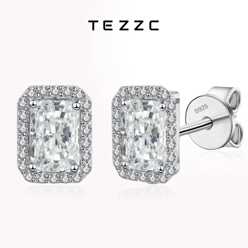 Tezzc 0.5ct 1ct 2ct Moissanite Earrings for Women 925 Silver with Gold Plated Lab Diamond Radiant Emerald Cut Sparkling Earring