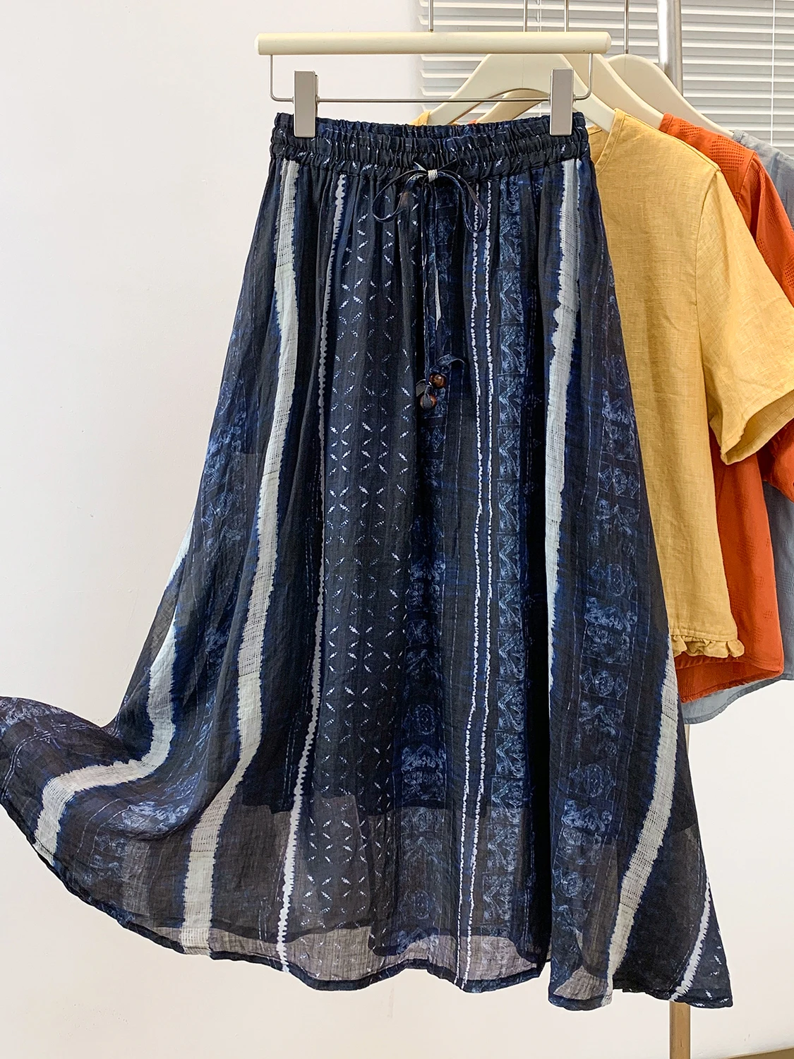 

High Waist Loose Midi Skirt Wax Dyed k Blue f-length A-Line Skirt Versatile Summer Spring Season Flattering Ethnic Sle