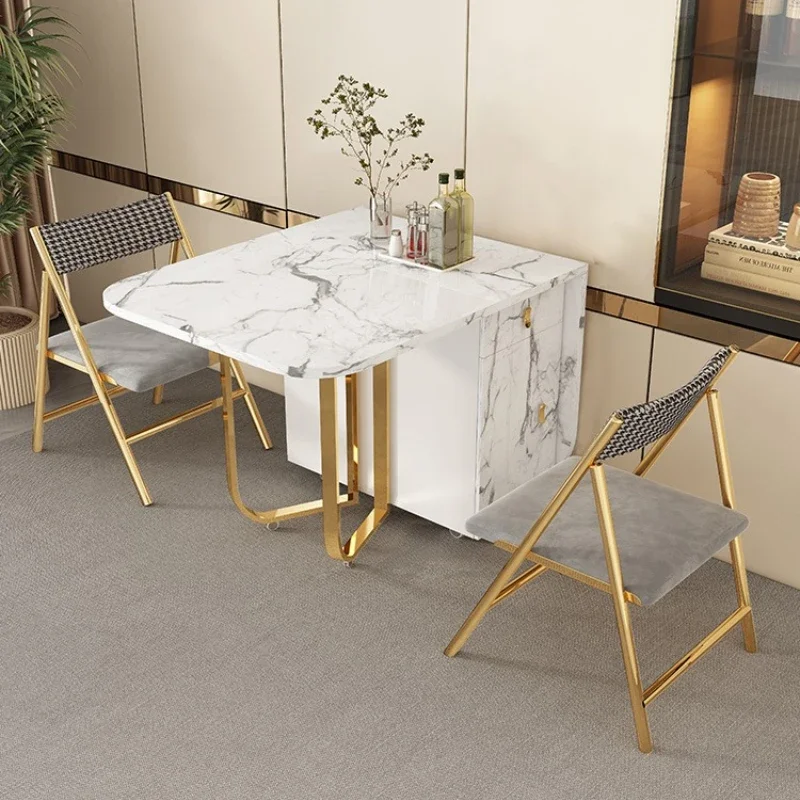 

Light luxury foldable dining table and chair combination household small apartment rock slab simple solid wood telescopic