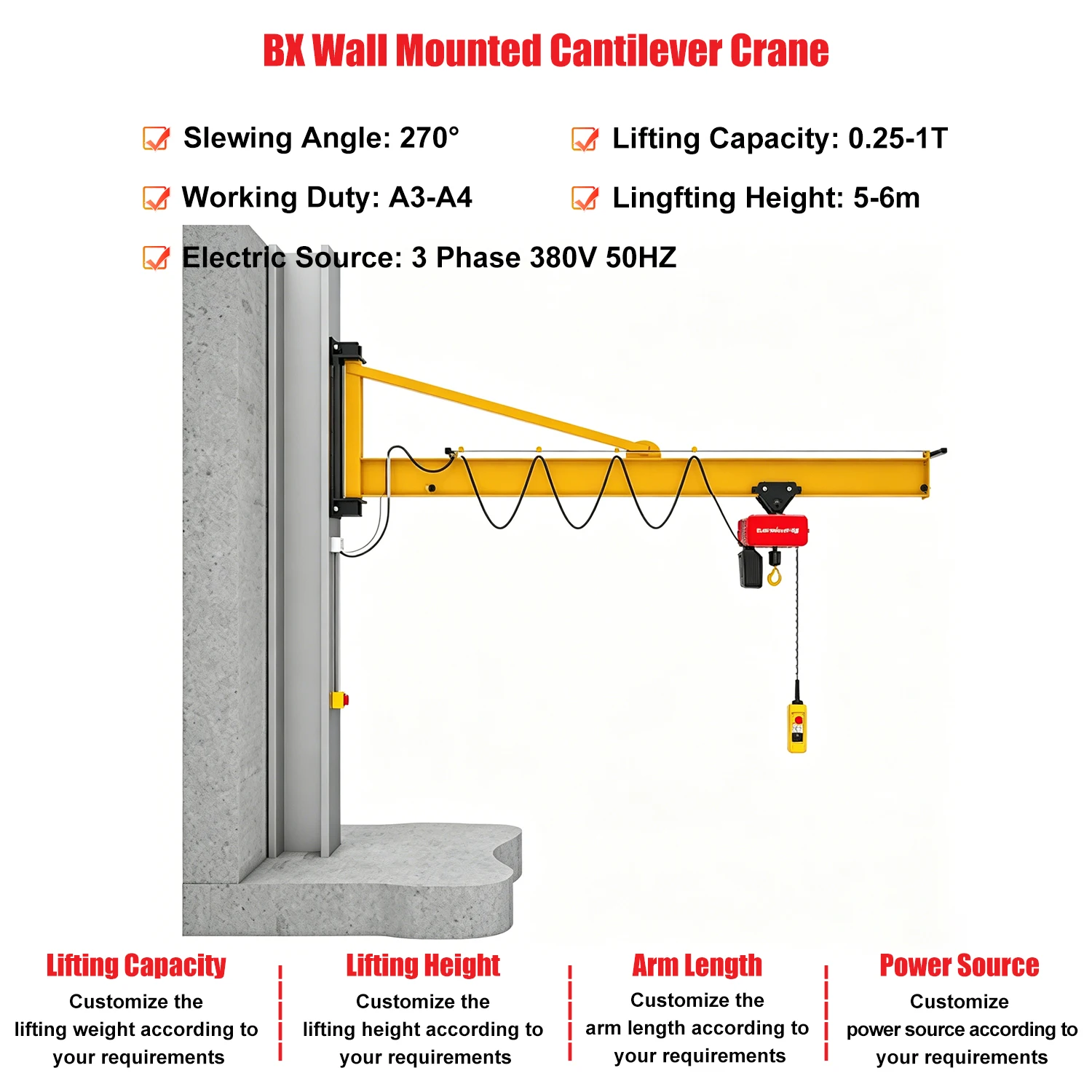 Customized Popular Cheap Price Type 270° Rotation Slewing Arm Wall Mounted 250 Kg 500 Kg 1 Ton Jib Crane With Electric Hoist