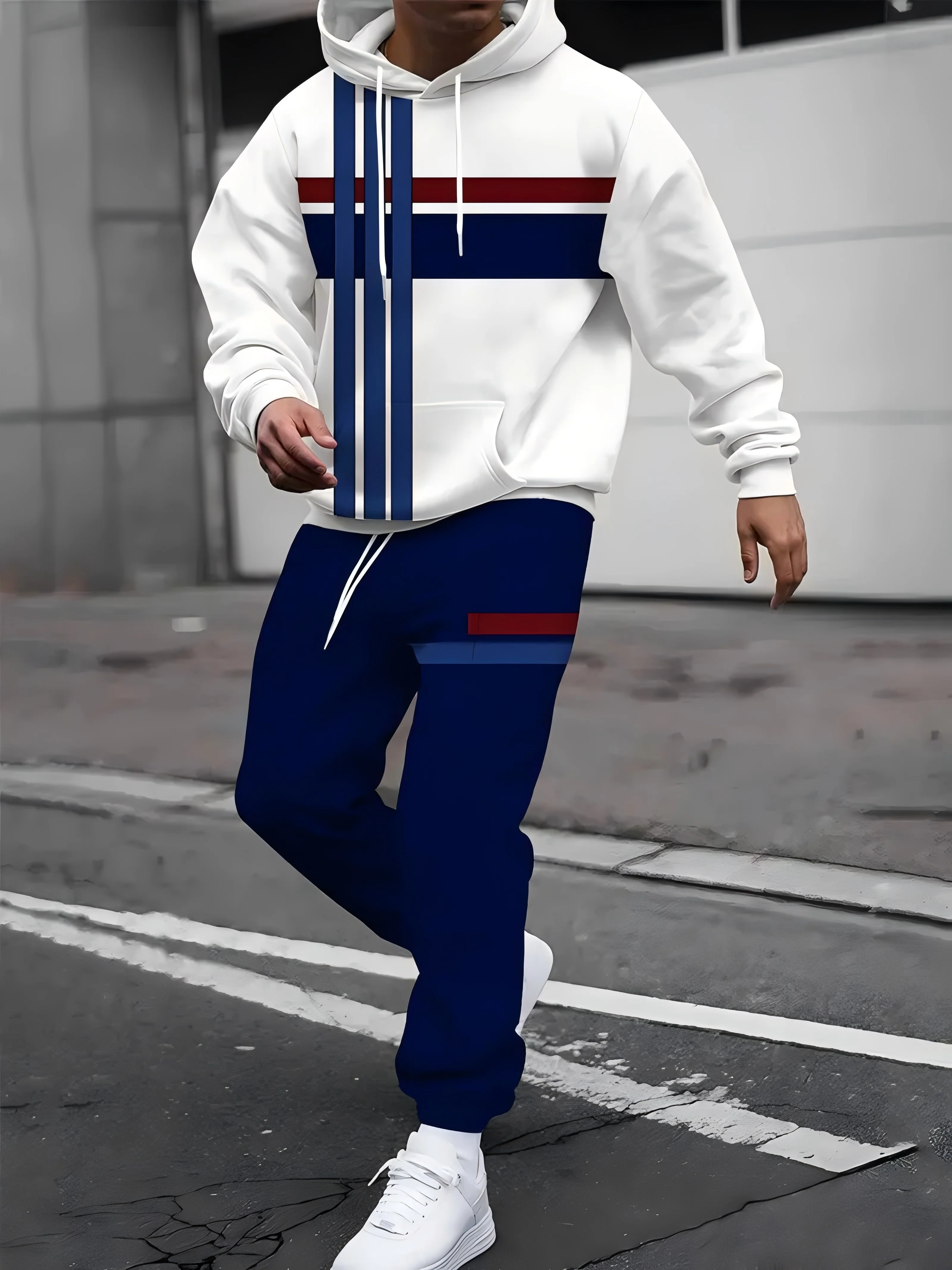 

2025 Trendy Oversized Hoodie Set - Striped Checker Design, Breathable Sportswear