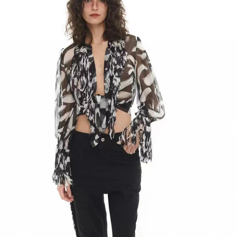 

Women's Abstract Black and White Pattern Printed Mulberry Silk Blouse,Slightly Sheer Sexy Top,High Quality,Y2K,2024,Summer,New