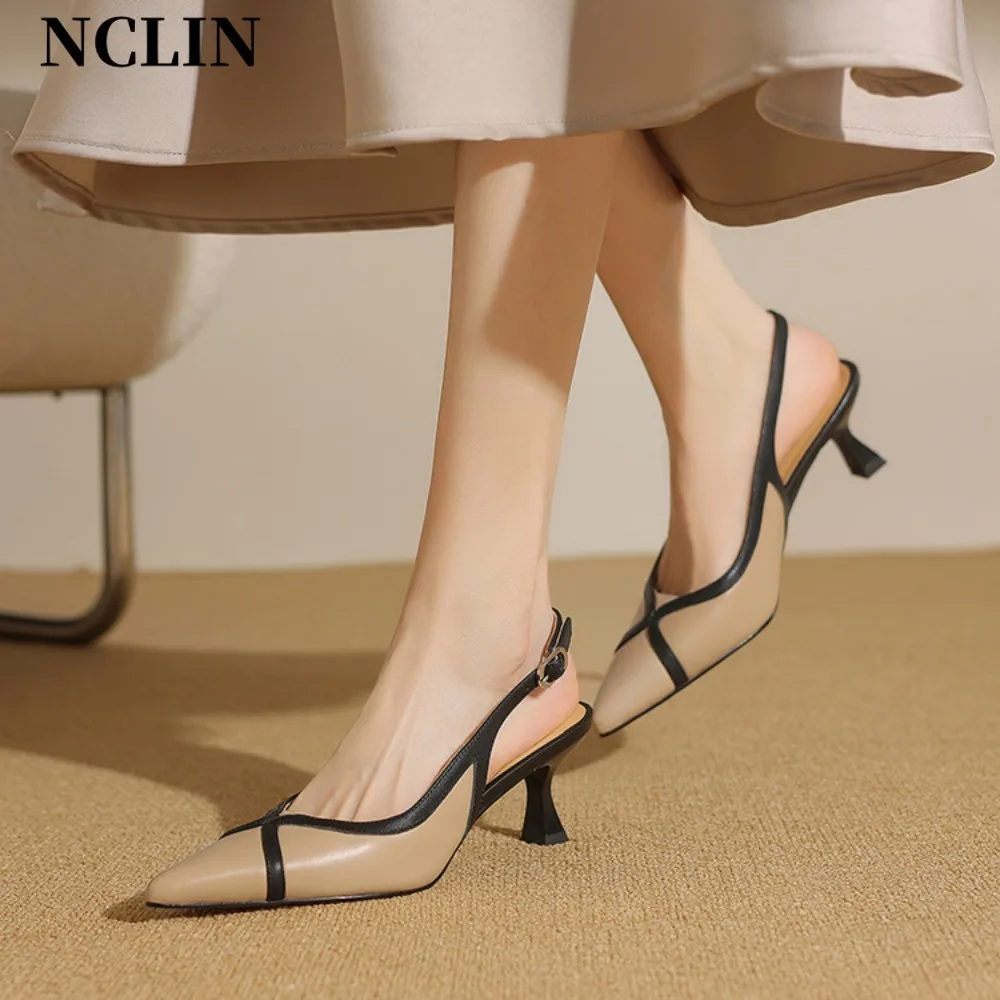 

Women Genuine Leather Casual Sandals Girl Fashion Patchwork Slip on High Heels Ladies Pointed Toe Elegant Slingback Sandals