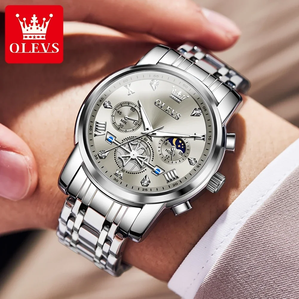 OLEVS 1pc Classic Men's Quartz Watches Flywheel Chronograph Original Multifunctional Watch Moon Phase 24 Hour Waterproof Reloj