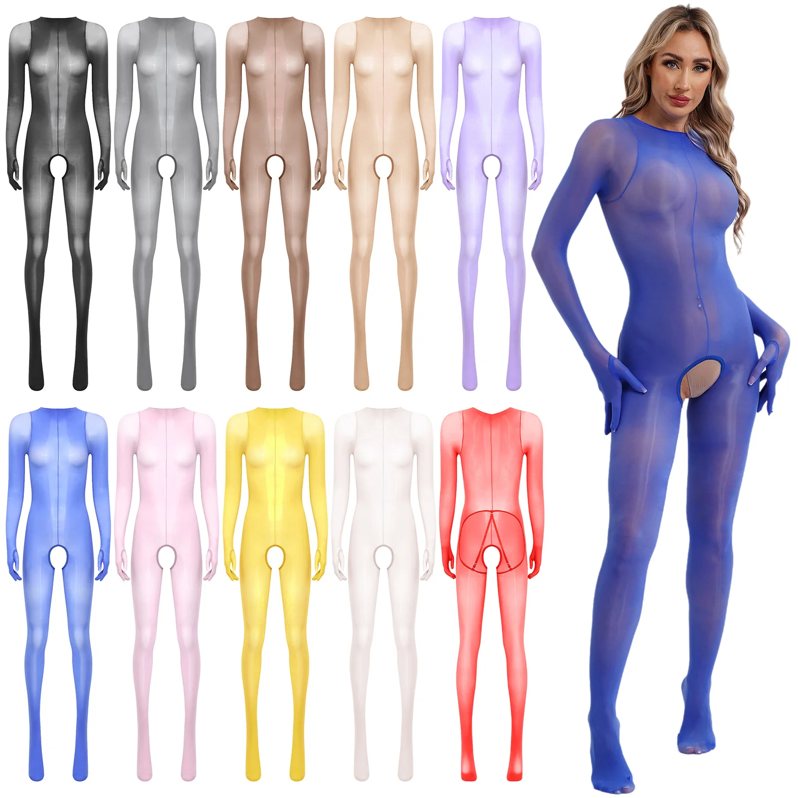 Women Glossy Sheer Full-body Bodysuit See Trough Long Sleeve Open Crotch Butt Jumpsuit Catsuit Sexy Nightwear Clubwear for Party