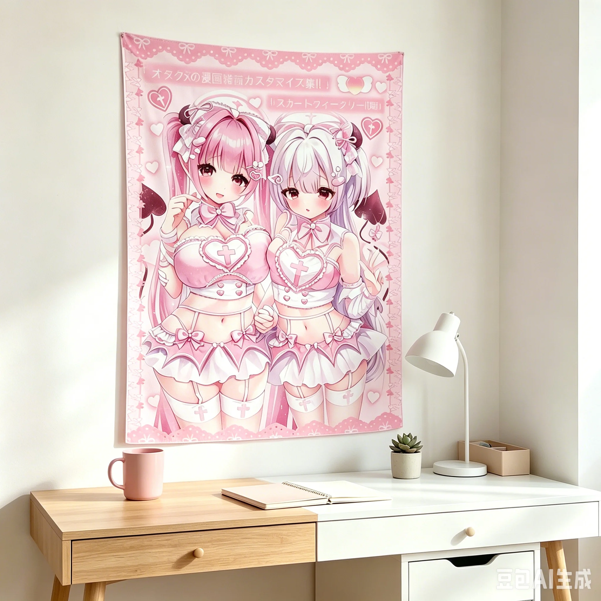 Original Artist Fanart Girl Anime Tapestry, Pink Cutecore Wall Hanging for Bedroom Dorm Aesthetic Room Decor Accessories