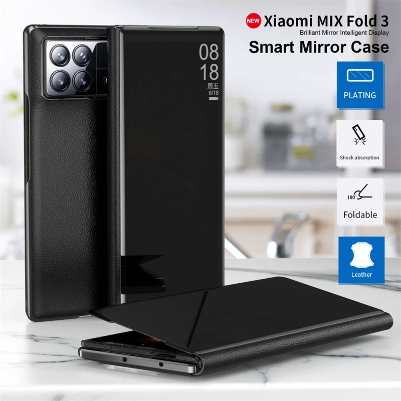 

For Xiaomi Fold 3 Fold 2 4 3 Plating Mirror Bracket Mirror PC leather Phone Case Shockproof For Xiaomi MIX Fold