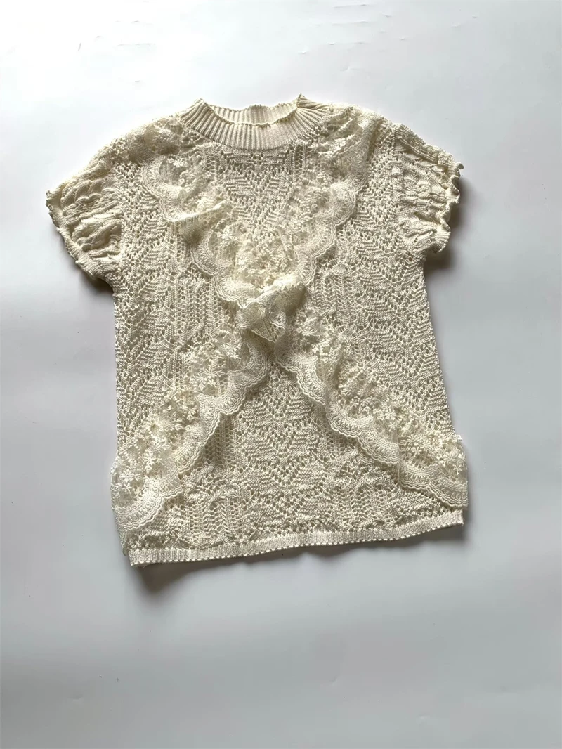 KEYANKETIAN letni nowy wiatr wakacyjny wielowarstwowy drążony żakardowy top z dzianiny damski O-Neck z krótkim rękawem cienki miękki wąski sweter