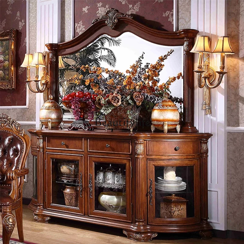 American rural solid wood dining side cabinet European carved four-door household locker