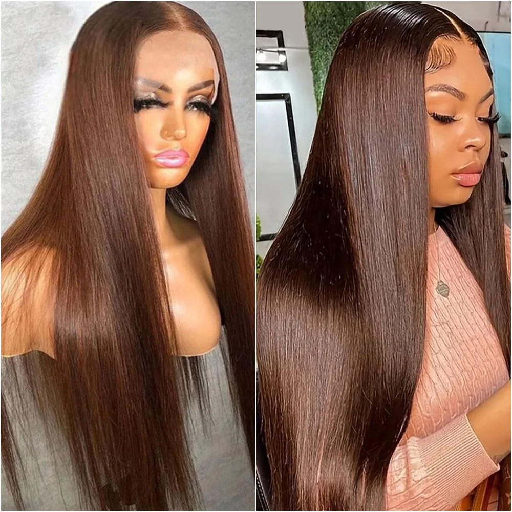 

13x6 HD Lace Chocolate Brown Straight Front Wig Human Hair 200 Density #4 Colored Transparent Lace Frontal Wigs For Women
