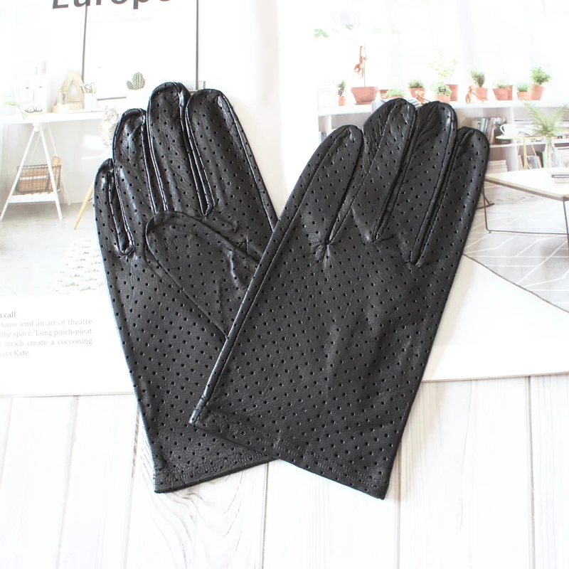 High quality new men\'s goatskin gloves leather unlined mesh hollow ultra-thin breathable cycling driving gloves summer