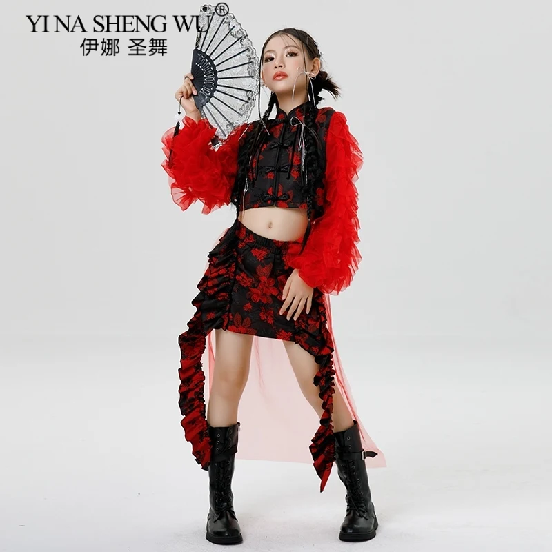 أطفال الهيب هوب ملابس رقص الفتيات K-Pop الجاز شارع الرقص مرحلة الزي تنورة حمراء دعوى أداء ارتداء الأطفال ملابس الرقص #3