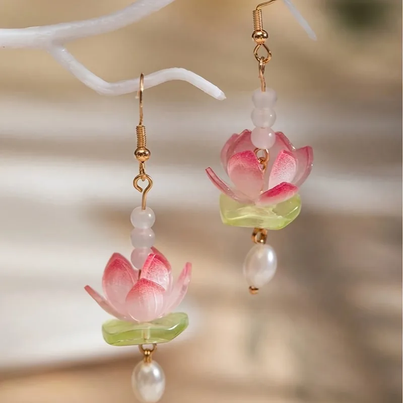 1Pair of Elegant Lively Pink Lotus Earrings with Lotus Tassel Luxury Women's Jewelry Suitable for Daily Wear Parties Dates