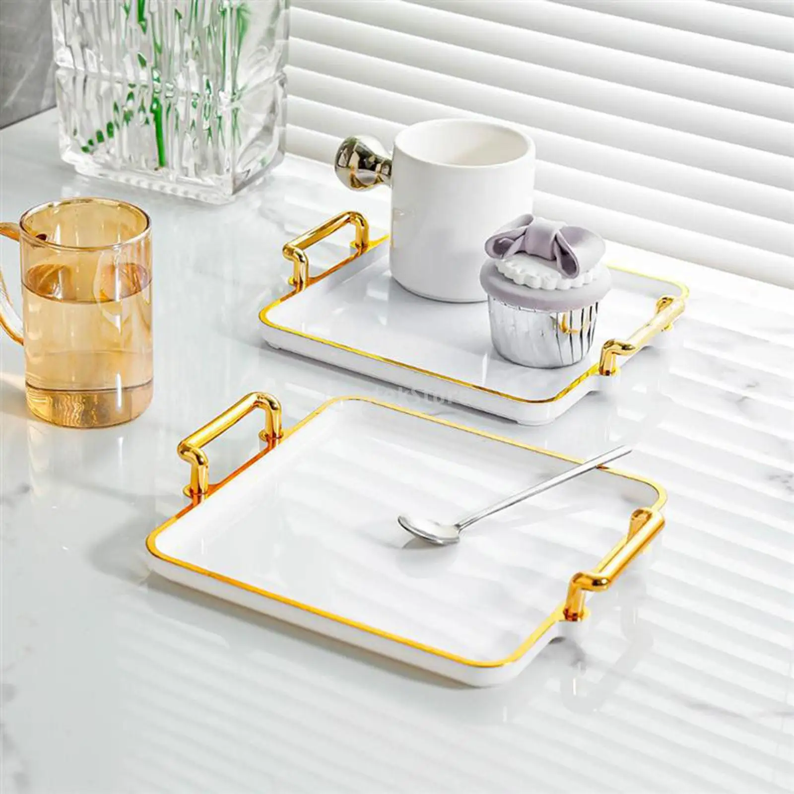 Serving Tray Coffee Table Tray with Handles Gold Rim Decorative Multipurpose Anti-slid Fruit Dessert Tray Kitchen Supplies