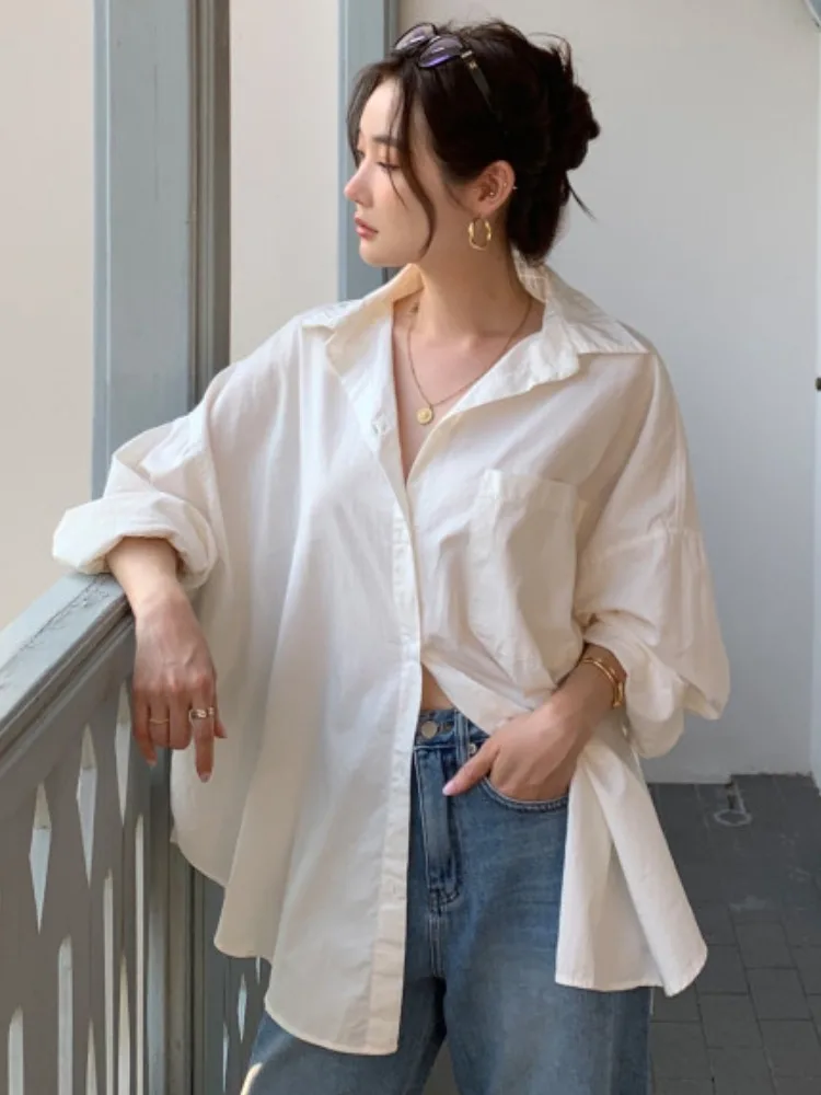 

Шикарный простой цветной ленивый повседневный универсальный топ с одной пуговицей Batwing Sve irt, корейский свободный топ из полиэфирного волокна