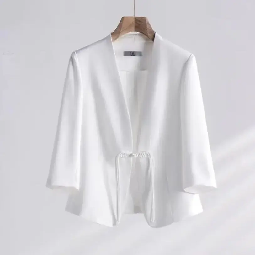 V-neck Short Style Stylish Suit Jacket With 3/4 Sleeves, 2024 Summer Slim Fit Suit For Women