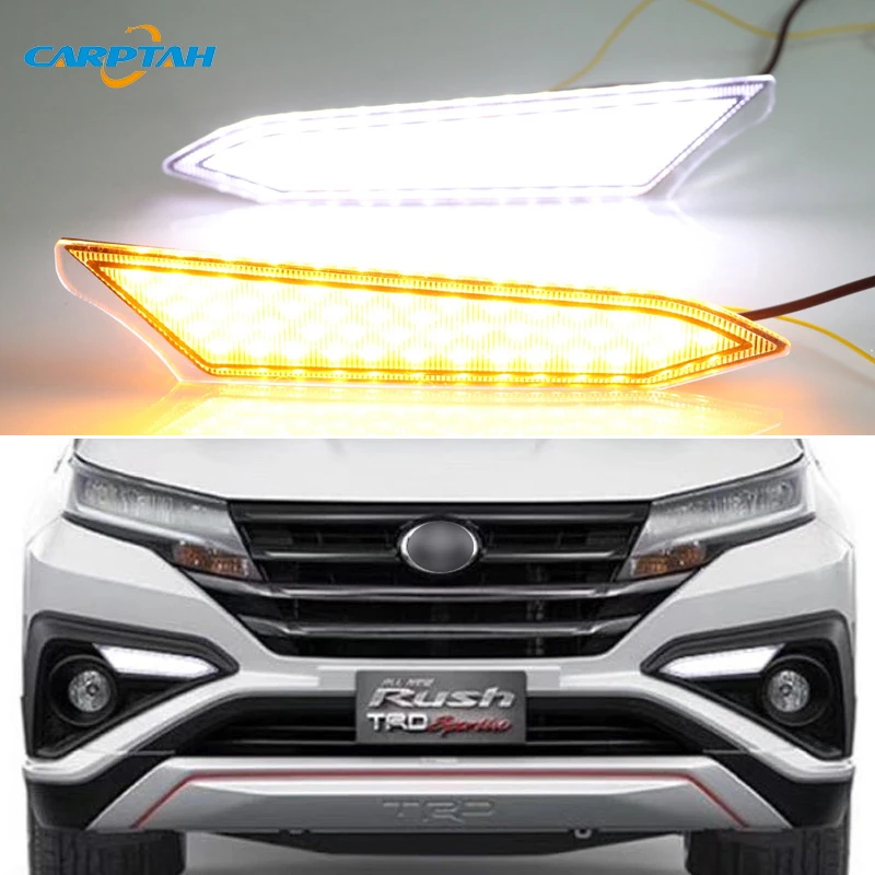 Car LED DRL 12V Daylights For Toyota Rush 2018 2019 Yellow Turn Signal Daytime Running Headlamps Auto Driving Lamp Foglamps