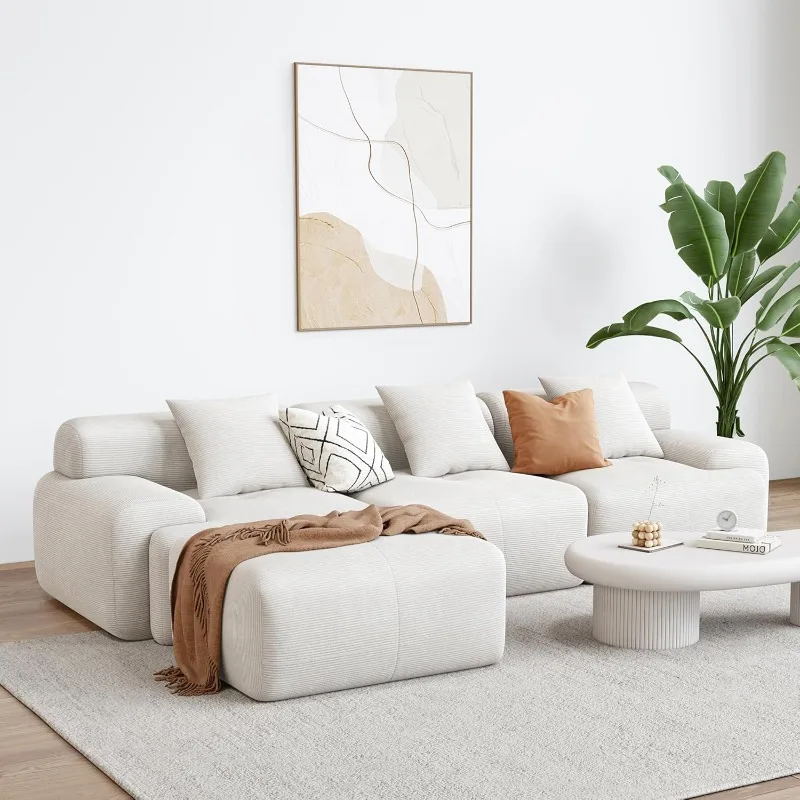 

118" Modern L-Shaped Modular Sectional Sofa for Living Room, Corduroy Upholstery Beige, Oversized 3-Seater Couch with De