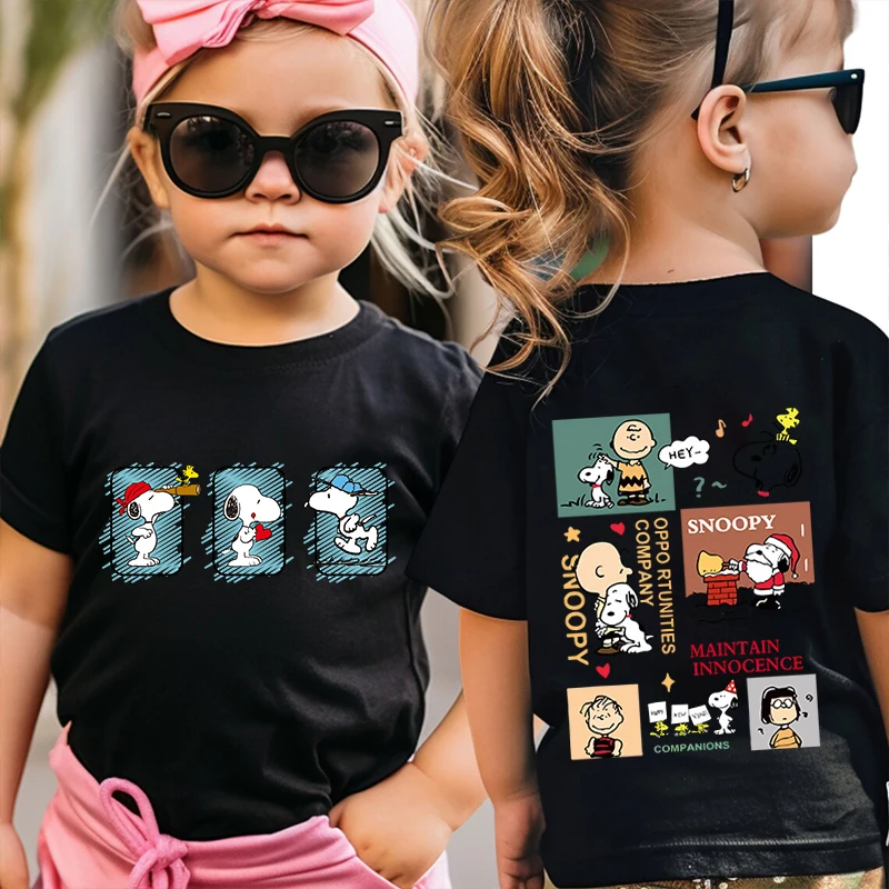 Camiseta con estampado de Snoopy para niños, ropa de manga corta de algodón puro con dibujos animados para niños, top negro para niñas