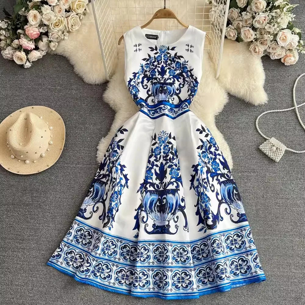 Summer Vintage Blue And White Porcelain Dresses Women\'s Sleeveless O Neck Tank Flower Print Vest Midi Long Party Vestidos