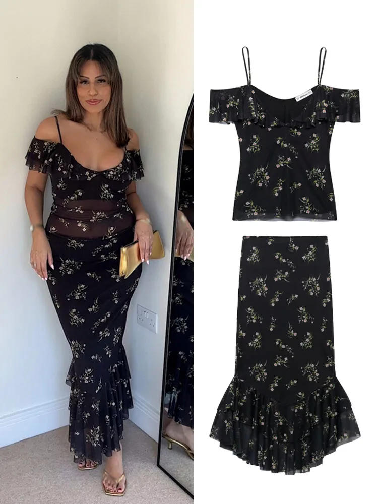 

TRAFZA Women Elegant Sleeveless Backless Sexy Print Ruffles Mesh Strap Short Tops+Pleated Decorate Long Skirt 2 Piece Set