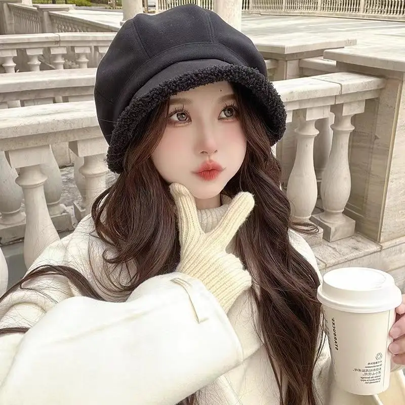 Beret Hat Women Winter Octagonal Hats For Women Retro Solid Color Newsboy Cap Korean Version Female Keep Warm New Bucket Hat