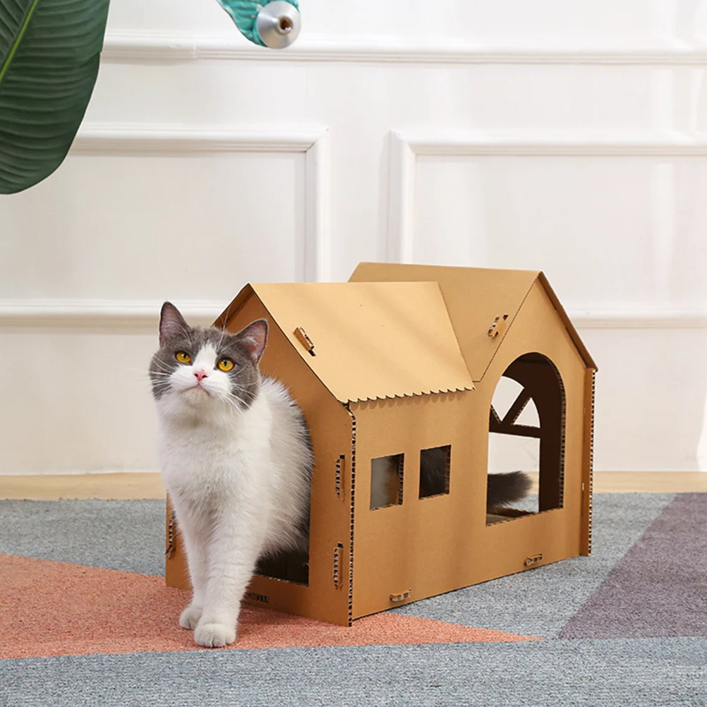 Cat Scratch Board House Toy Pet Accessory Beds Light Brown Corrugated Paper Semi-enclosed Cardboard