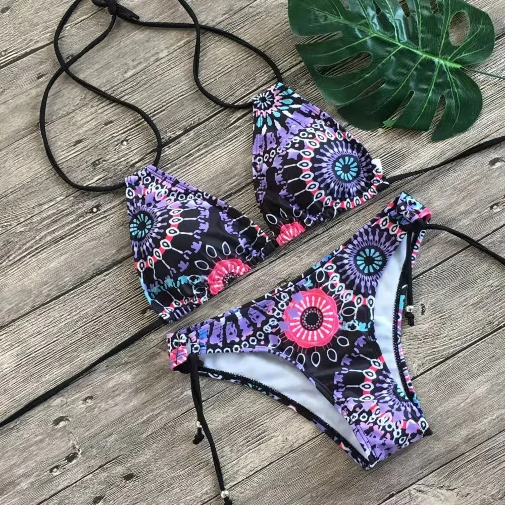 Strój kąpielowy ze stringami w stylu Vintage Boho Bikini oddzielny seksowny stroje kąpielowe bez pleców mikro stringi Trend świąteczny damskie