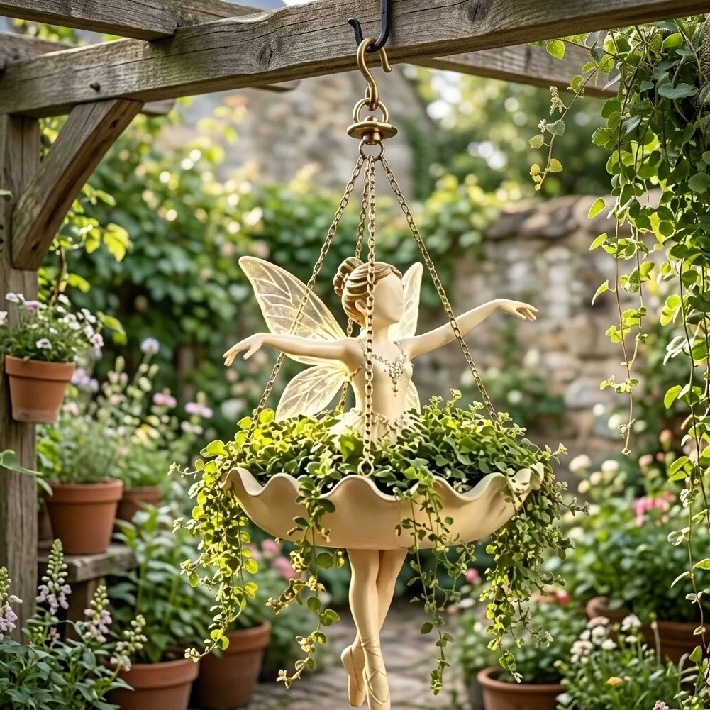 Resin Plant Holder Winged Fairy Decor Intricately Sculpted Design Balanced Hanging Structure Indoor Outdoor Use