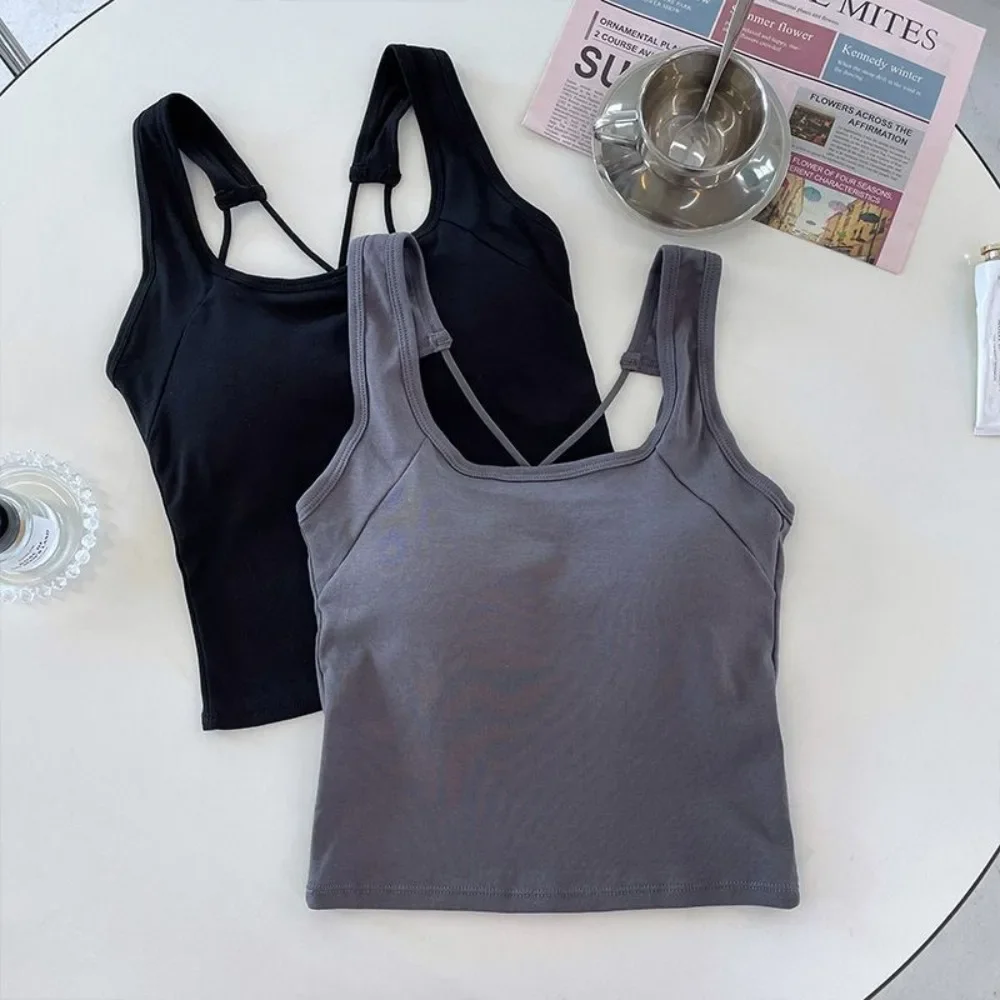 Nuevo verano algodón espalda descubierta Cruz Sling con almohadillas para el pecho ajustado parte de atrás bonita chaleco prendas de vestir exteriores Spice Girl Top corto mujeres