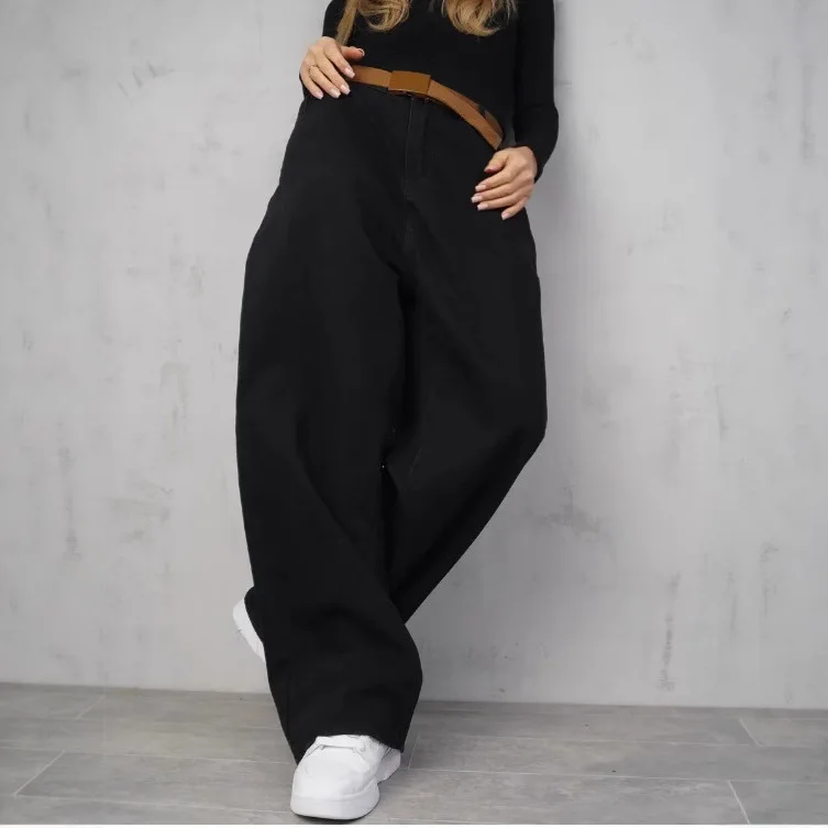 YJKDYK Black High Waisted Straight Leg Jeans Women's New Autumn Pear Shaped Figure Fat High Waisted Loose Wide Leg Pants
