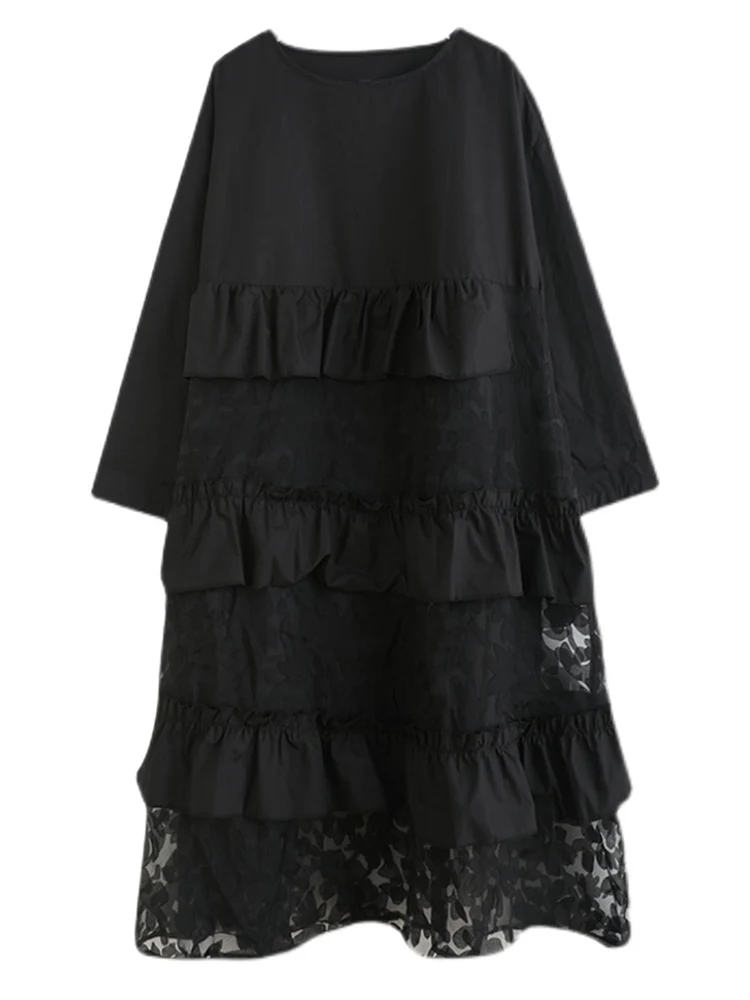 Ruffles Mesh Floral Black Vintage Dress Women Long Sleeve Loose Casual Midi Ladies Dresses Fashion Clothing Spring Autumn 2025