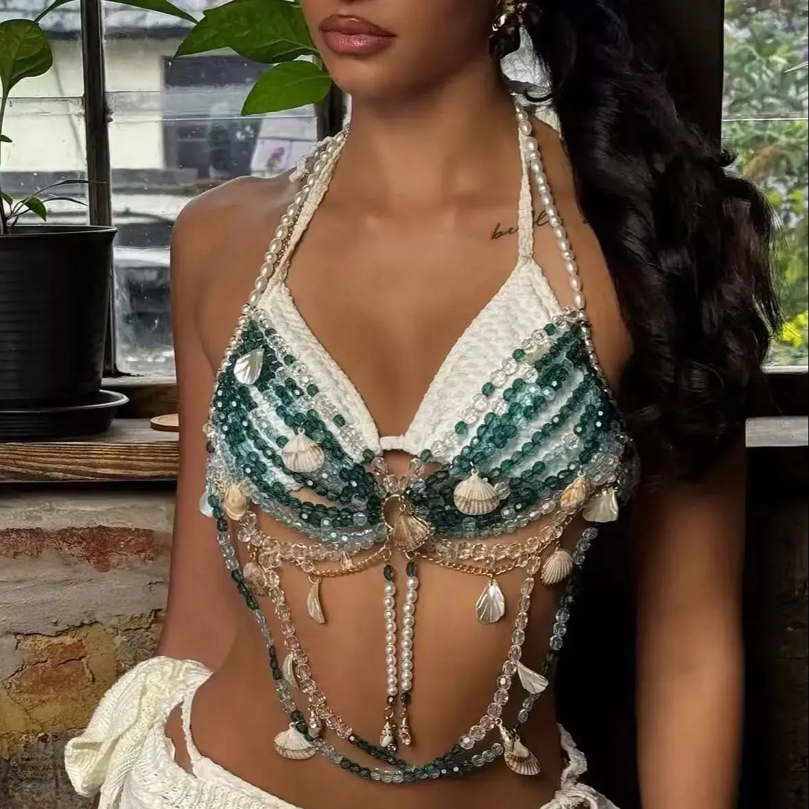 

European & American Sexy Pearl Shell Multi-Layer Tank Top New Nightclub Party Music Festival Layered Body Chain