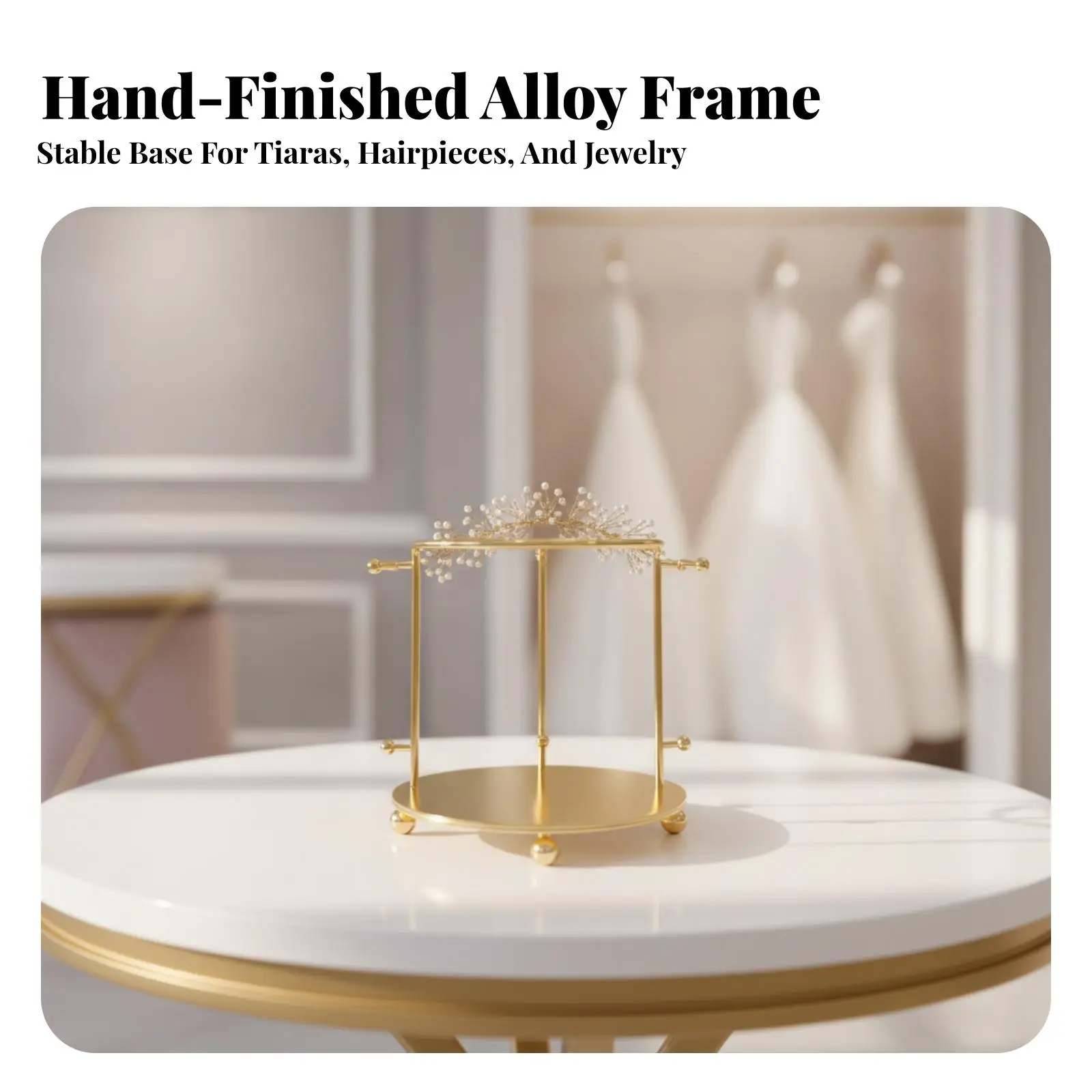 Tabletop Headpiece Display Stand Polished Gold-Tone Finish, Stable Circular Base, tiara holder, for Dressing Table