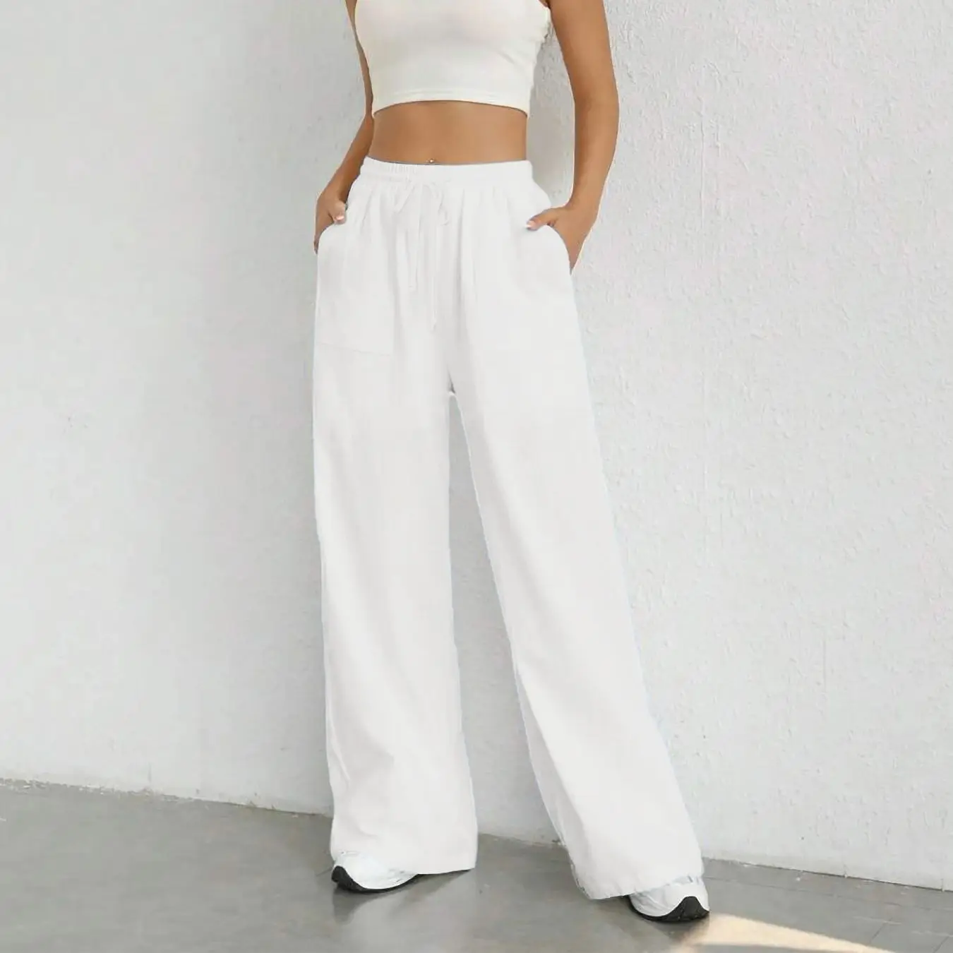 Pantalon large décontracté pour femme, couleur unie, avec cordon de serrage, pantalon droit, poche, pantalon décontracté, pantalon ample à taille haute