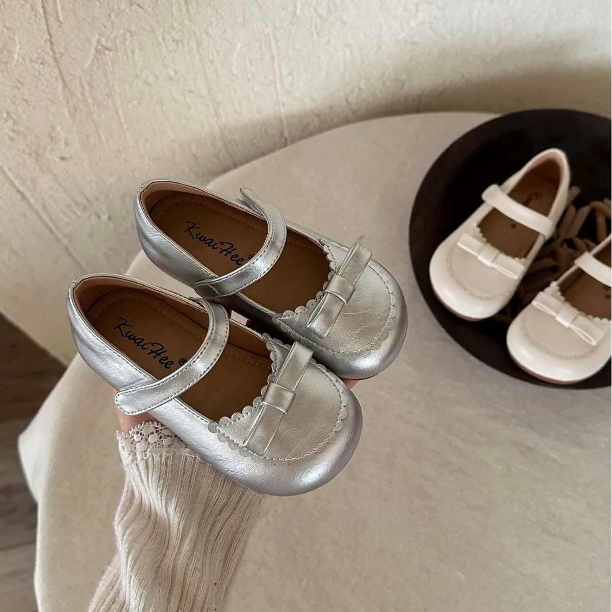 

Kids'Casual Shoes Bow Solid Color PU Leather Fashion Spring Flat Shoes For Children Anti-slip White Sliver Shoes Size 23-33