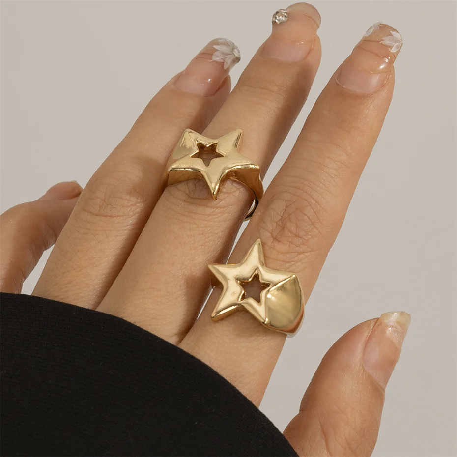 2Pcs Vintage Punk Irregular Hollow Star Open Rings