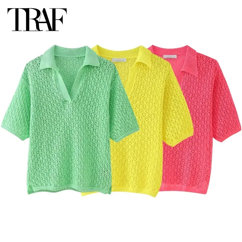 TRAF Pointelle Hollow Out Shirt Women Knit Short Sleeve Pullovers Summer 2024 Lady Loose Blouse Elegant Lapel Collar Polo Shirts